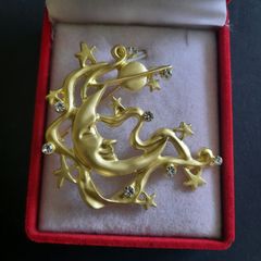 Moon, Star and Planet Brooch Gold Tone Metal and Small Crystals Pin Celestial Crescent Moon Badge Broach Half Moon Face Jewellery