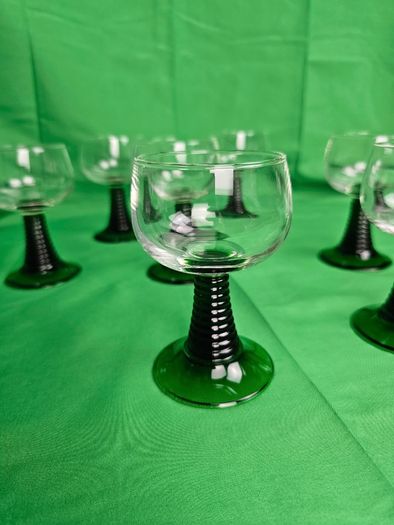 Set of eight antique Luminarc France glasses with green, ribbed stems