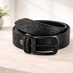 Handmade Genuine Leather Belt for Men Black Western Embossed Tooled Belt