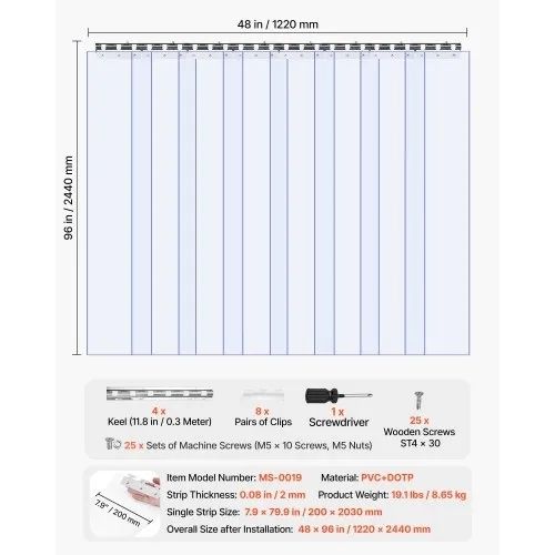 Strip Curtain PVC Door Curtain 121.9 cm x 243.8 cm Cooler Freezer Clear Plastic
