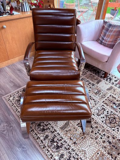 French Leather Swivel Arm Chair & Matching Foot Stool