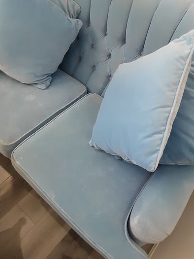 Blue velvet Dutch buttoned sofa immaculate condition