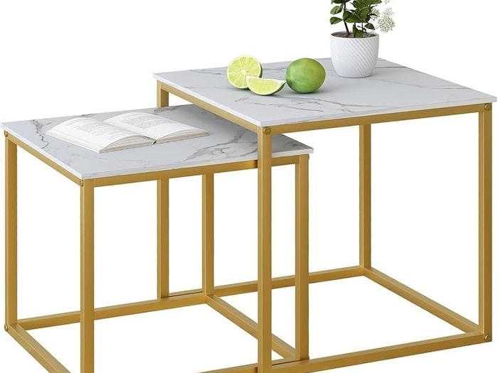 Nesting Tables, Set of 2 End Table, Coffee Tables, Side Table with Metal Frame for Living Room/Bedroom/Balcony/Office/Apartment, Diameter 50/45 cm (Gold Frame, White Marble Top)