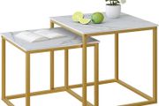 Nesting Tables, Set of 2 End Table, Coffee Tables, Side Table with Metal Frame for Living Room/Bedroom/Balcony/Office/Apartment, Diameter 50/45 cm (Gold Frame, White Marble Top)