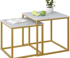 Nesting Tables, Set of 2 End Table, Coffee Tables, Side Table with Metal Frame for Living Room/Bedroom/Balcony/Office/Apartment, Diameter 50/45 cm (Gold Frame, White Marble Top)
