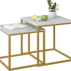 Nesting Tables, Set of 2 End Table, Coffee Tables, Side Table with Metal Frame for Living Room/Bedroom/Balcony/Office/Apartment, Diameter 50/45 cm (Gold Frame, White Marble Top)