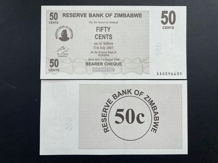 Zimbabwe  50 Cents  2007  Pick 36a. VERIFIED UNDER UV LIGHT.  ( Uncirculated )