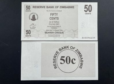 Zimbabwe  50 Cents  2007  Pick 36a. VERIFIED UNDER UV LIGHT.  ( Uncirculated )