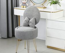 Plush Flannel Vanity Stool with Bowknot Backrest & Storage, Foldable Back Makeup Chair with Cushioned Seat & Metal Legs, Soft Dressing Table Stool for Bedroom, Home Decor, Grey