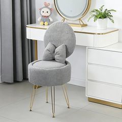 Plush Flannel Vanity Stool with Bowknot Backrest & Storage, Foldable Back Makeup Chair with Cushioned Seat & Metal Legs, Soft Dressing Table Stool for Bedroom, Home Decor, Grey
