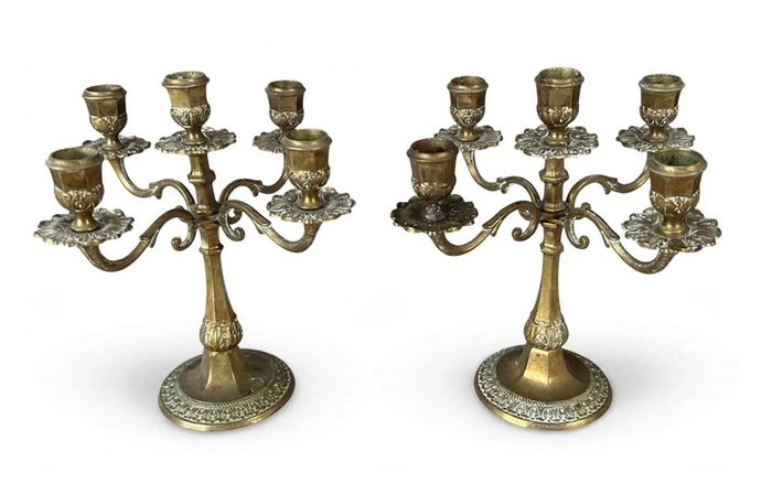 Vintage pair 5 arm brass candelabras