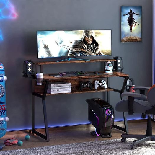 Gaming Desk, Computer Desk with Large Monitor Stand and Open Shelf, PC Laptop Gamer Table Workstation with Cup Holder, Headphone Hook, 2 Speaker Stand for Home Office MULTIPLE COLOURS AVAILABLE (FREE POSTAGE)
