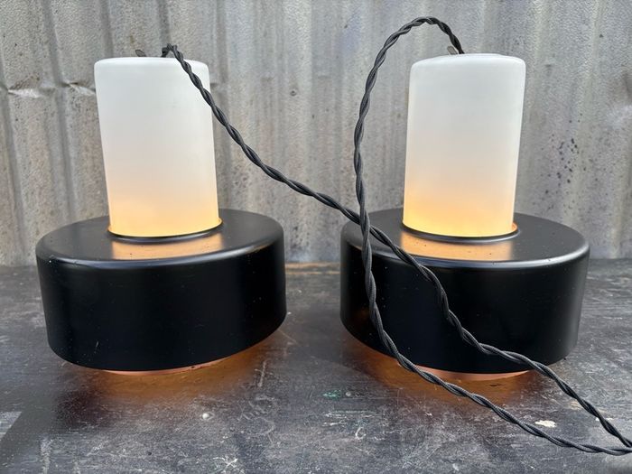 Rare vintage run of 2 Danish suspended pendant lights by Fog & Morup.