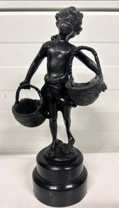 Suzanne Bizard (1873-1963) Girl With Baskets - Bronze, Marble, Signed