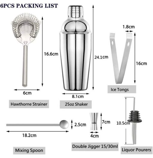 Cocktail Making Set, Cocktail Shakers 6 Pieces Set 750ml Capacity with Bar Accessories and Recipes Made of Food Grade Stainless Steel 304 Great for Home and Bar Use or As a Gift (FREE POSTAGE)