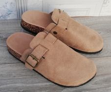 New suede clog type slip on sandals with cork sole with Buckles ladies shoes UK 6..EUR 39