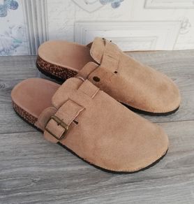 New suede clog type slip on sandals with cork sole with Buckles ladies shoes UK 6..EUR 39