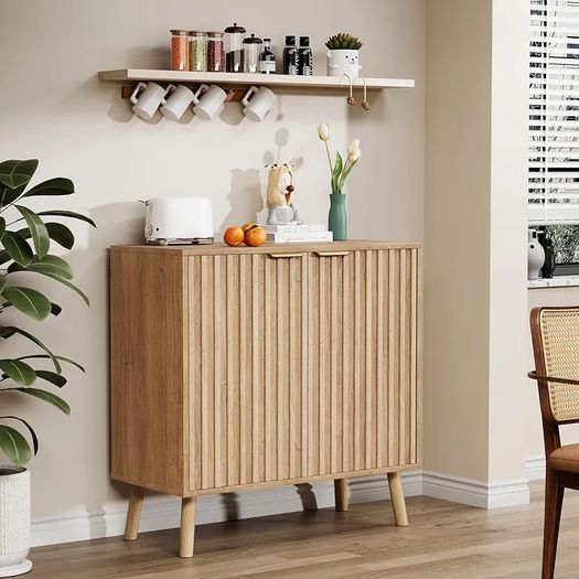 Sideboard, Buffet Storage Cabinet with Fluted Decorating, Sideboard Storage Cabinet with 2 Doors & Adjustable Shelf, Kitchen Cupboard for Living Room, Dining Room, 35 x 77 x 78 cm, Oak