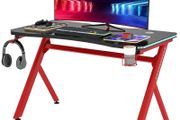 Gaming Desk with RGB LED Light, Cup Holder, Headphone Hook and Cable Management, Computer Table, Red