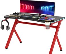 Gaming Desk with RGB LED Light, Cup Holder, Headphone Hook and Cable Management, Computer Table, Red