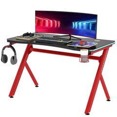 Gaming Desk with RGB LED Light, Cup Holder, Headphone Hook and Cable Management, Computer Table, Red