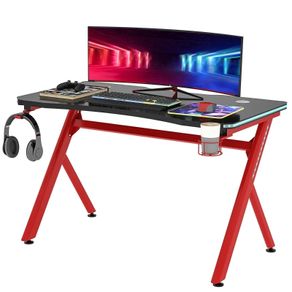 Gaming Desk with RGB LED Light, Cup Holder, Headphone Hook and Cable Management, Computer Table, Red