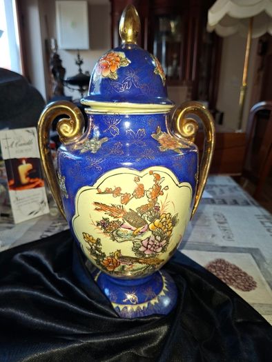Vintage Twin Handled Japanese Cobalt Blue & Gold Lidded Urn or Amphora Vase, Postage available or Collection