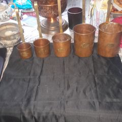 Beautiful Antique Set of 5 Victorian Copper & Brass Measuring Jugs or Scoops. Which all have Measuring stamped