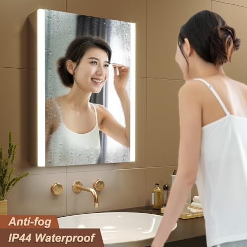 50 x 70 cm LED Lighted Bathroom Medicine Cabinet with Mirror, Defogger, Dimmer, 3 Color Light Makeup Mirror, Easy to Install, Wall Mounted Medicine Cabinet without Socket & USBs
