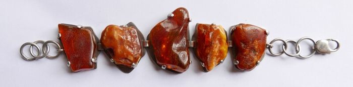 54.4gr giant UNIQUE Baltic Amber Bracelet, SET IN STERLING SILVER 925, Dark Honey Amber Chain and Link Bracelet with natural Inclusions