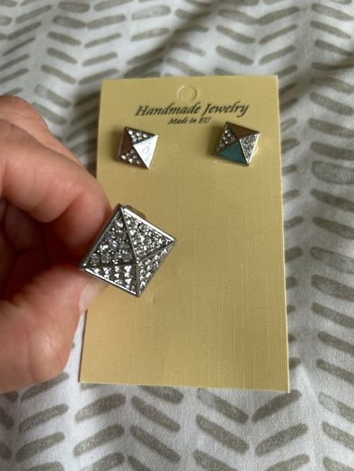 Silver tone sparkling earrings and ring matching set