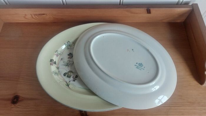Lovely Vintage Set of Two Matching Graduated Platters by Johnson Bros in a Fabulous Floral and Foliage Pattern on a Lemon Yellow Banding, Priced as a Pair