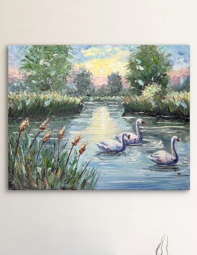 Original oil painting on canvas board .Swans on the River.