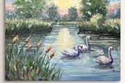 Original oil painting on canvas board .Swans on the River.