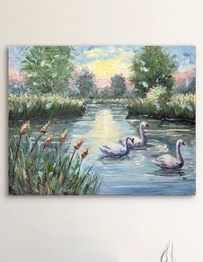 Original oil painting on canvas board .Swans on the River.