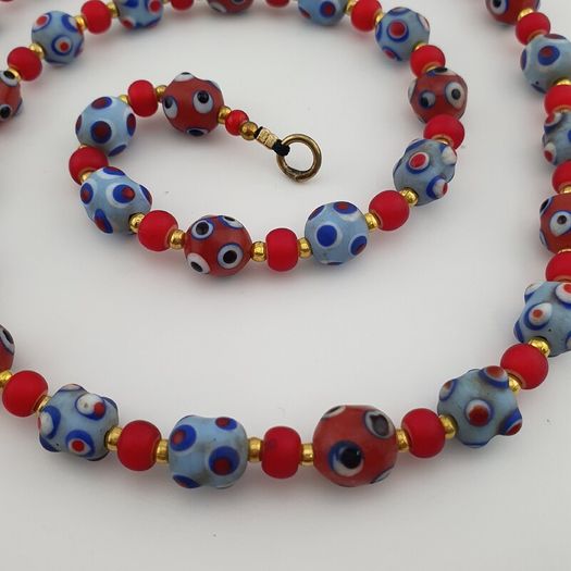 Antique Venetian Style Blue Skunk Eyes & Red Venetian WhiteHeart Glass Beads Necklace