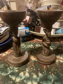 African wooden hand craved candle sticks free postage