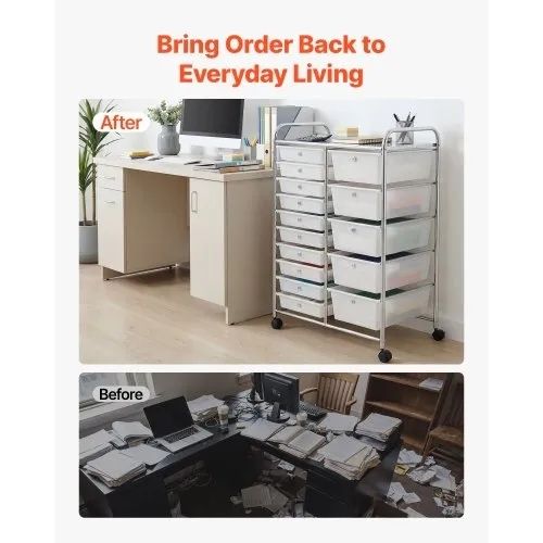 Rolling Cart with Drawers, Double Row 15 Drawer Storage Organizer, Mobile Utility Cart with Chrome Steel Frame, Universal Casters & 2 Brakes, for Office, Classroom, Craft Room, Studio, Garage