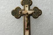 Antique Crucifix Reliquary Pendant Brass and Mother of Pearl Crucifix Pendant