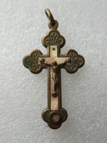 Antique Crucifix Reliquary Pendant Brass and Mother of Pearl Crucifix Pendant