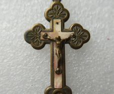 Antique Crucifix Reliquary Pendant Brass and Mother of Pearl Crucifix Pendant