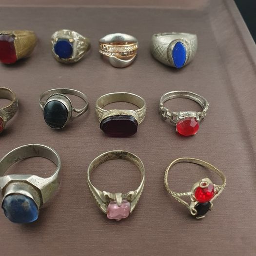 Antique Lot of 15 Handmade Brass Rings Mixed Gemstone & Glass Designs