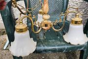 Antique 3 arm brass and marble-accent ceiling chandelier