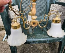 Antique 3 arm brass and marble-accent ceiling chandelier