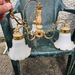 Antique 3 arm brass and marble-accent ceiling chandelier