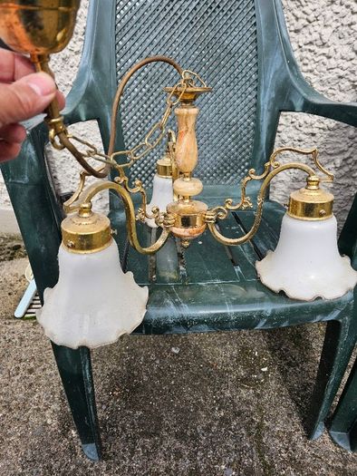 Antique 3 arm brass and marble-accent ceiling chandelier