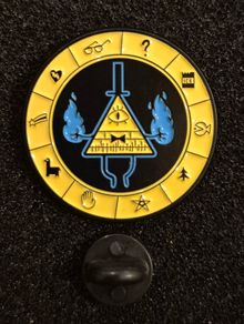 Bill cipher/gravity falls,  pin back badge.