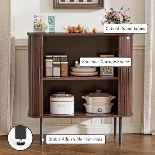 Buffet Storage Cabinet for Living Room, Kitchen Cupboard with Tambour Sliding Door, Storage Unit for Modern Home Dinning Room,Walnut