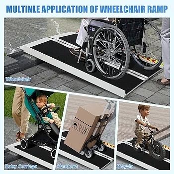 Wheelchair Ramp,91.5cm Folding Portable Aluminum Ramp, 362kg Capacity,with Transition Plate and Reflective Warning Stickers, for Wheelchair Scooters Power Chairs Walkers Metallic