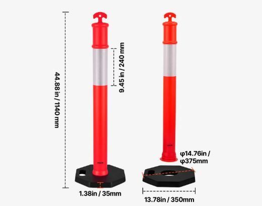 6 Pack Traffic Delineator Posts 1140 mm Traffic Safety Cones with Weighted Base and Reflective Strips, Heavy Duty Delineator Posts for Construction Site, Parking Lot